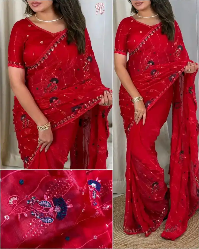অরিজিনাল জিমি চু উচ্চমানের এমব্রয়ডারি ও সিকোয়েন্স ওয়ার্ক করা পার্টি শাড়ি